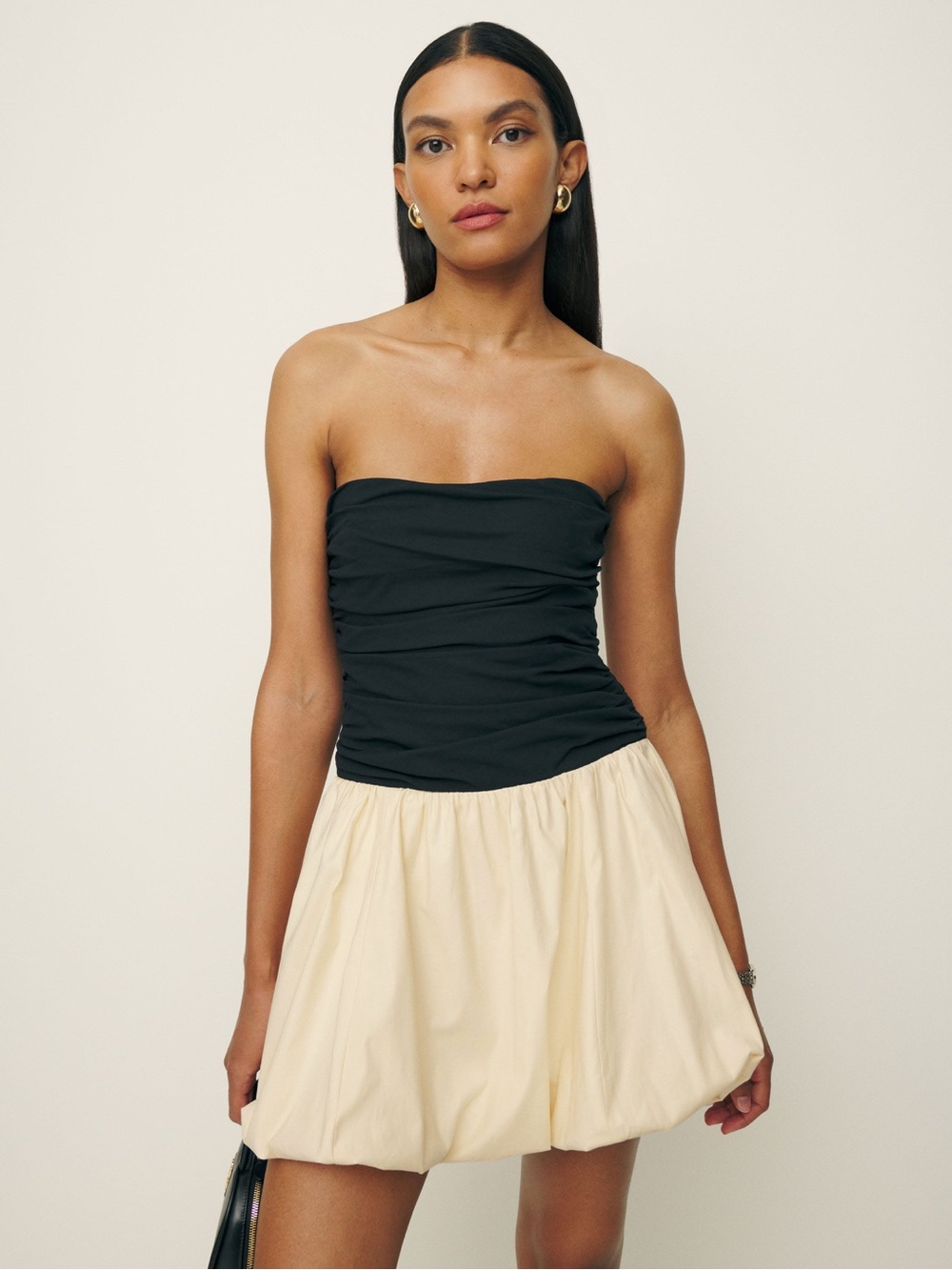 Reformation Strapless Black and Cream Mini Dress